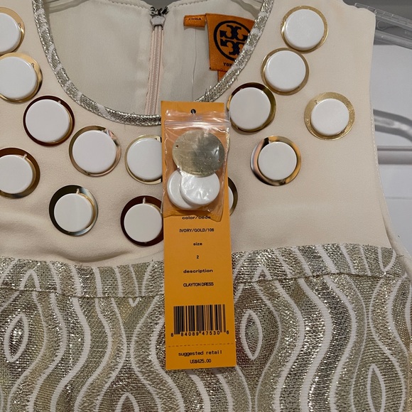 Tory Burch CLAYTON Gold Metallic Ivory Gold Silk Shift Dress Size 2 NWT - Picture 6 of 9